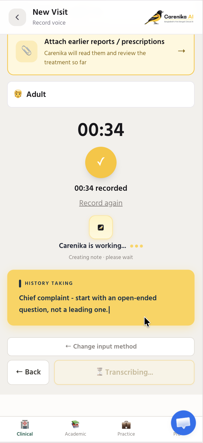 Carenika AI — voice documentation in progress